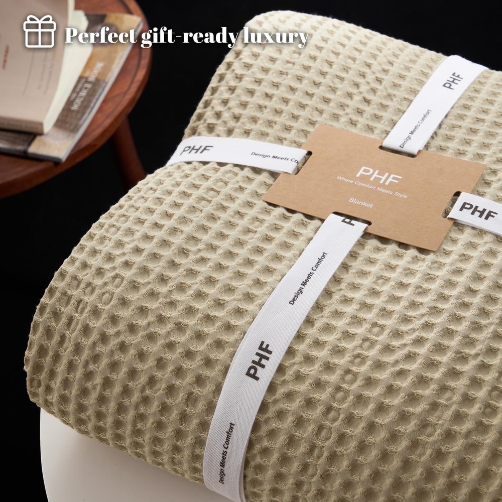 PHF Waffle Weave Blanket Queen 90x90 Khaki Ultra Soft Breathable Cotton Bedding